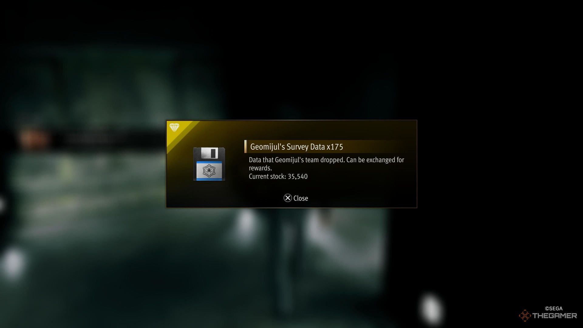 A screenshot from Like a Dragon: Infinite Wealth showing the UI pop-up for "Geomijul's Survey Data x175," with a subtitle that reads "Data that the Geomijul's team dropped. Can be exchanged for rewards. Current stock: 35,540