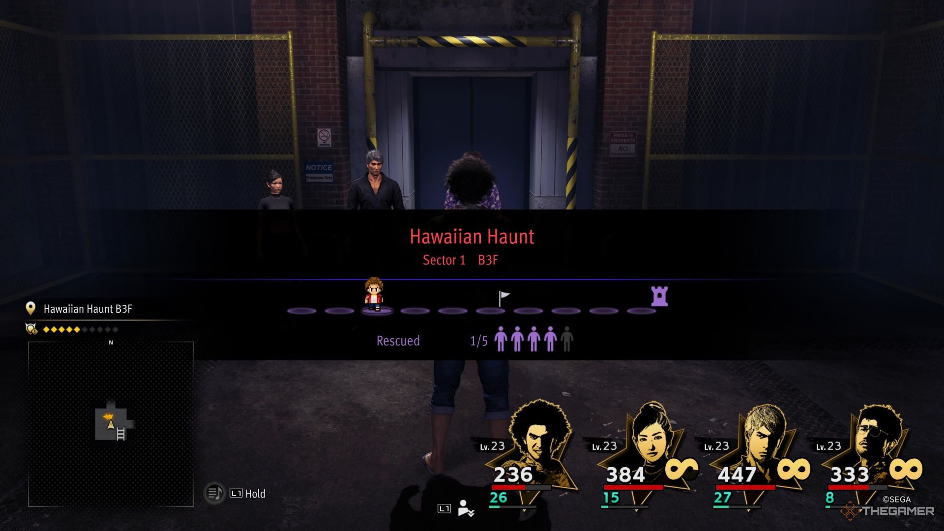 A screenshot from Like a Dragon Infinite Wealth showing the Hawaiian Haunt floor guide over the screen, with a mini-Ichiban standing on floor three, one of four hostages being rescued.