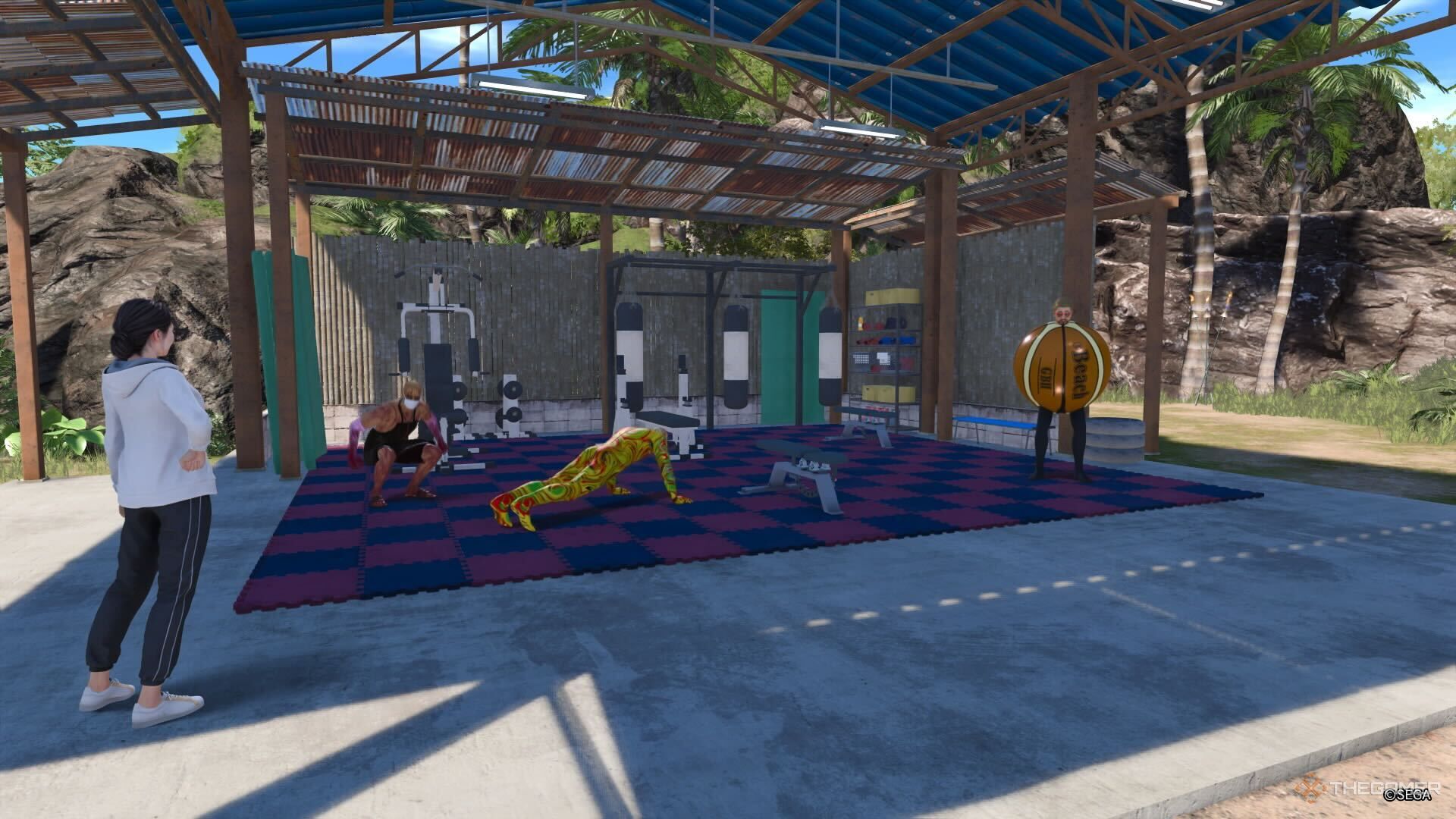 A screenshot from Like a Dragon Infinite Wealth showing three Sujimon training in a gym on Dondoko Farm while Yui stands watch.