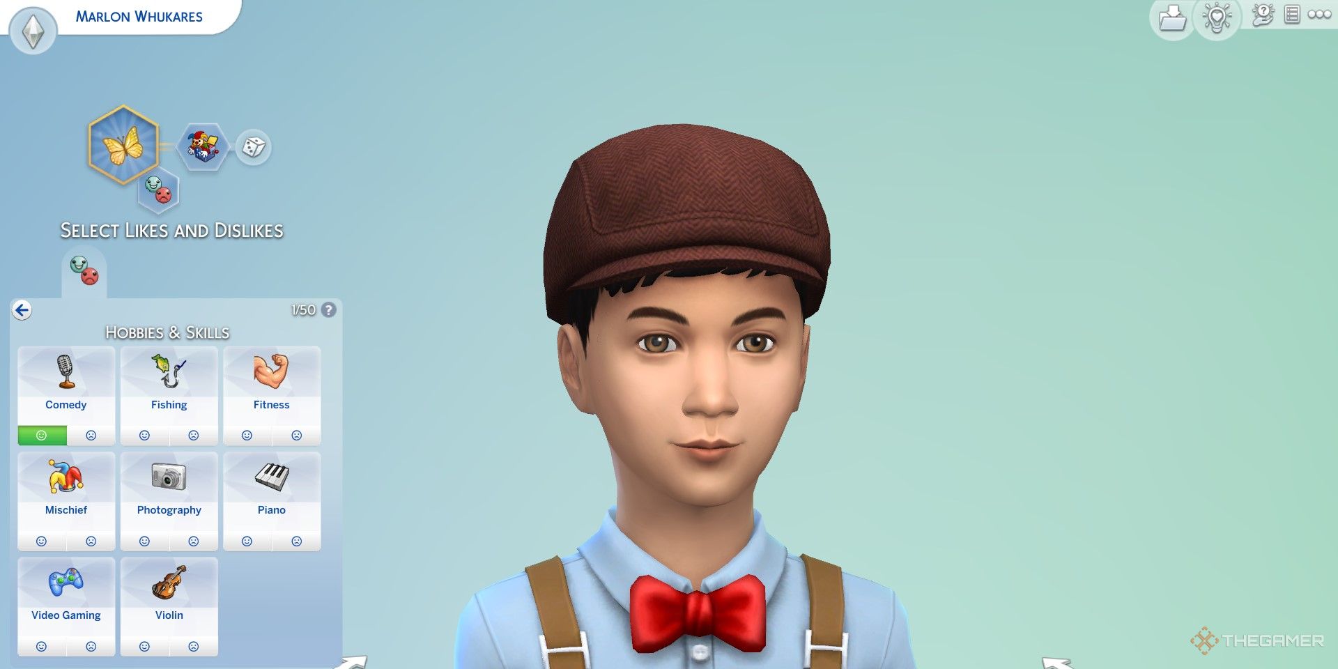 Child sim in CAS with UI displaying the "goofball" trait and "likes comedy."