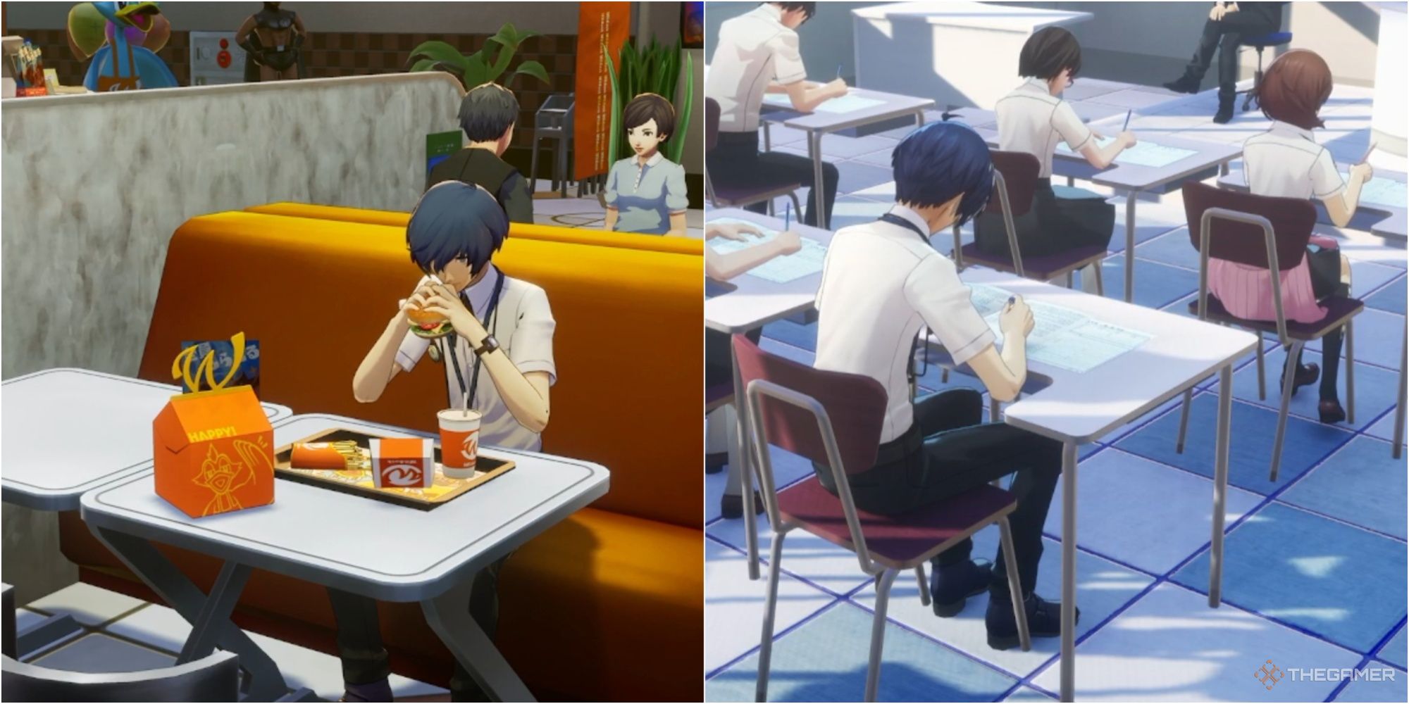 the protagonist of persona 3 reload eating a burger at wilduck and taking an exam p3r time management