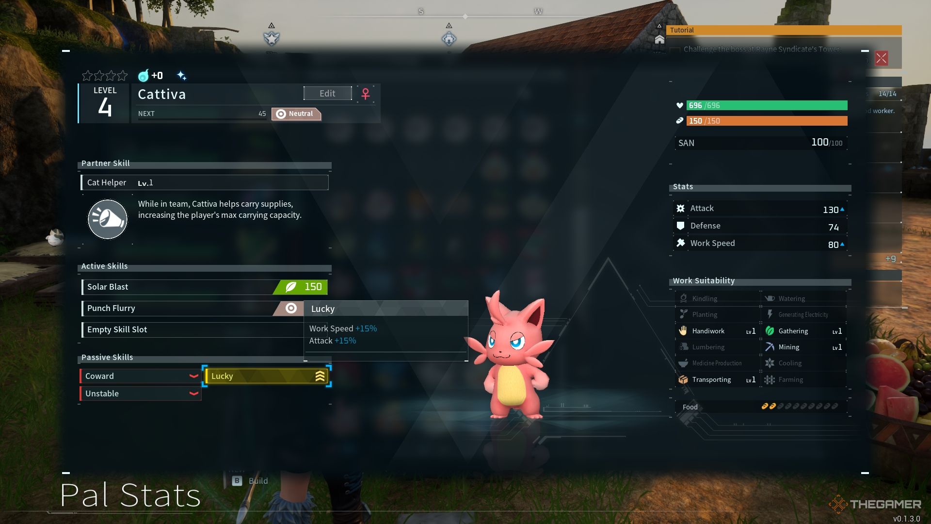 Palworld party menu Lucky Cattiva traits
