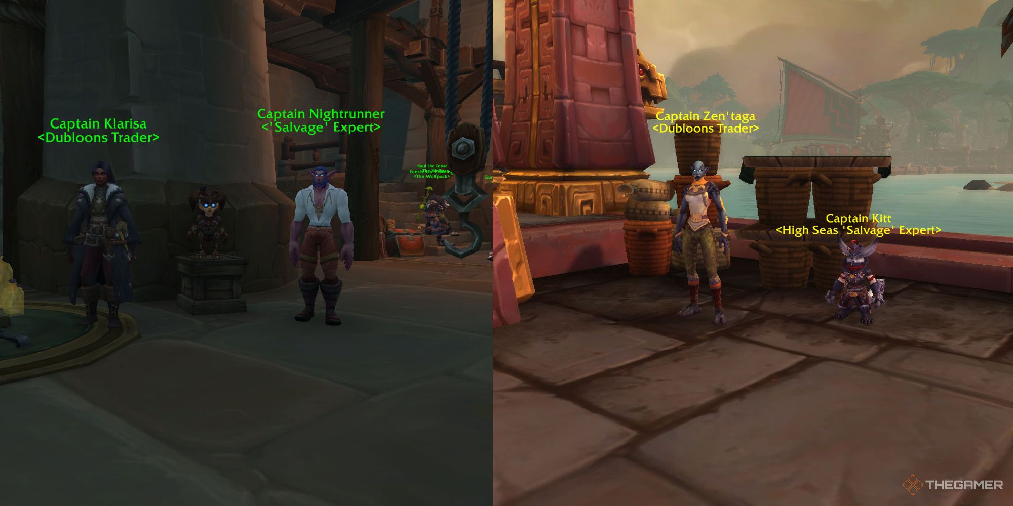 The Alliance (left) and Horde (right) Salvage Crate and Dubloons traders 