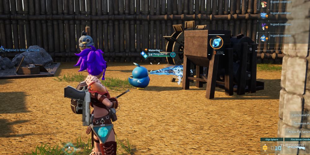Pengullet watering the crusher to turn rocks into paldium fragments in Palworld