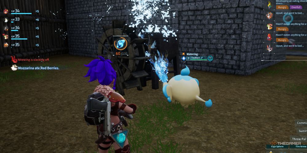 Teafant powering the crusher with water in Palworld