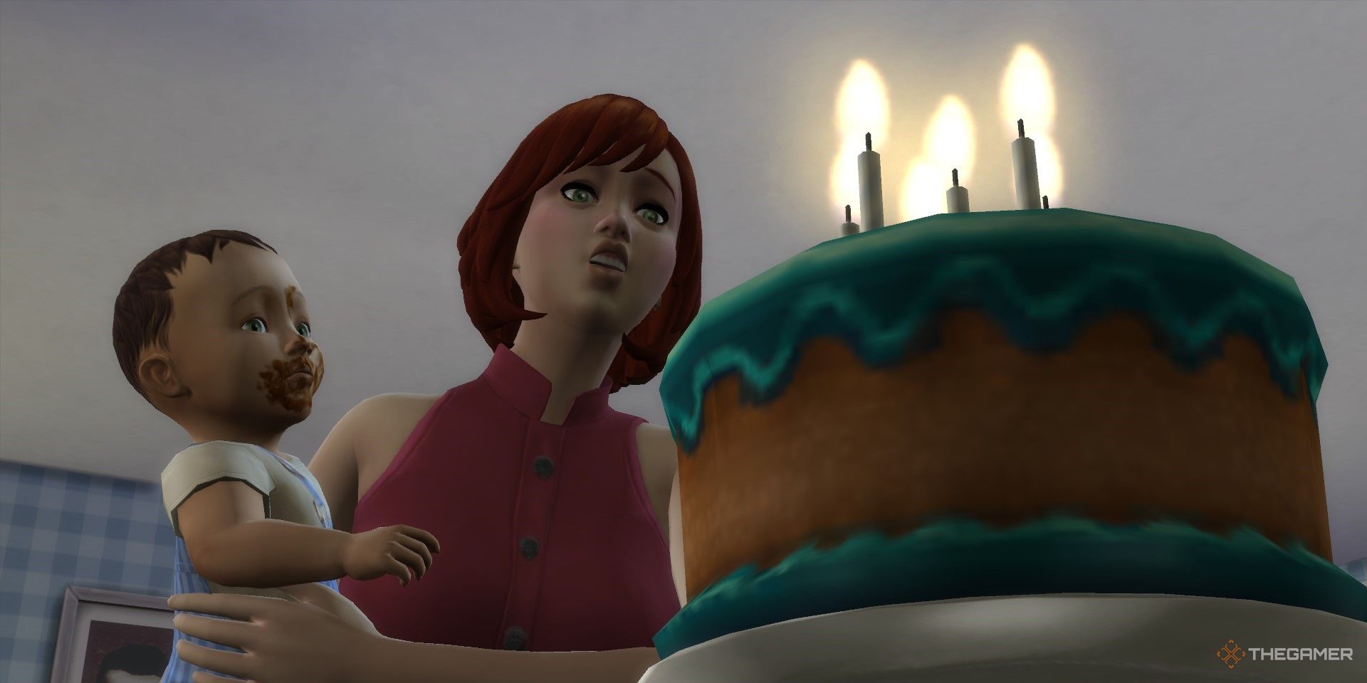 A young adult female sim holds an infant male sim in front of a blue birthday cake.