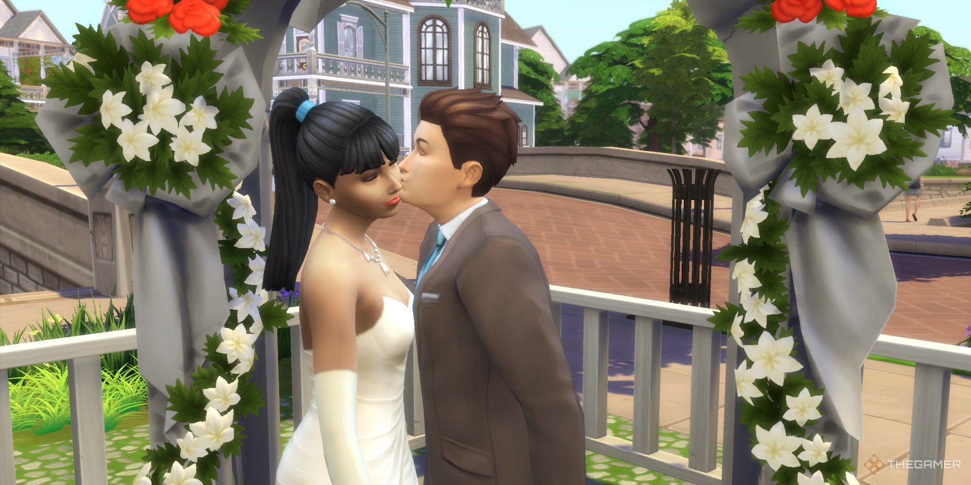 A straight sim couple gets married underneath a wedding arch.