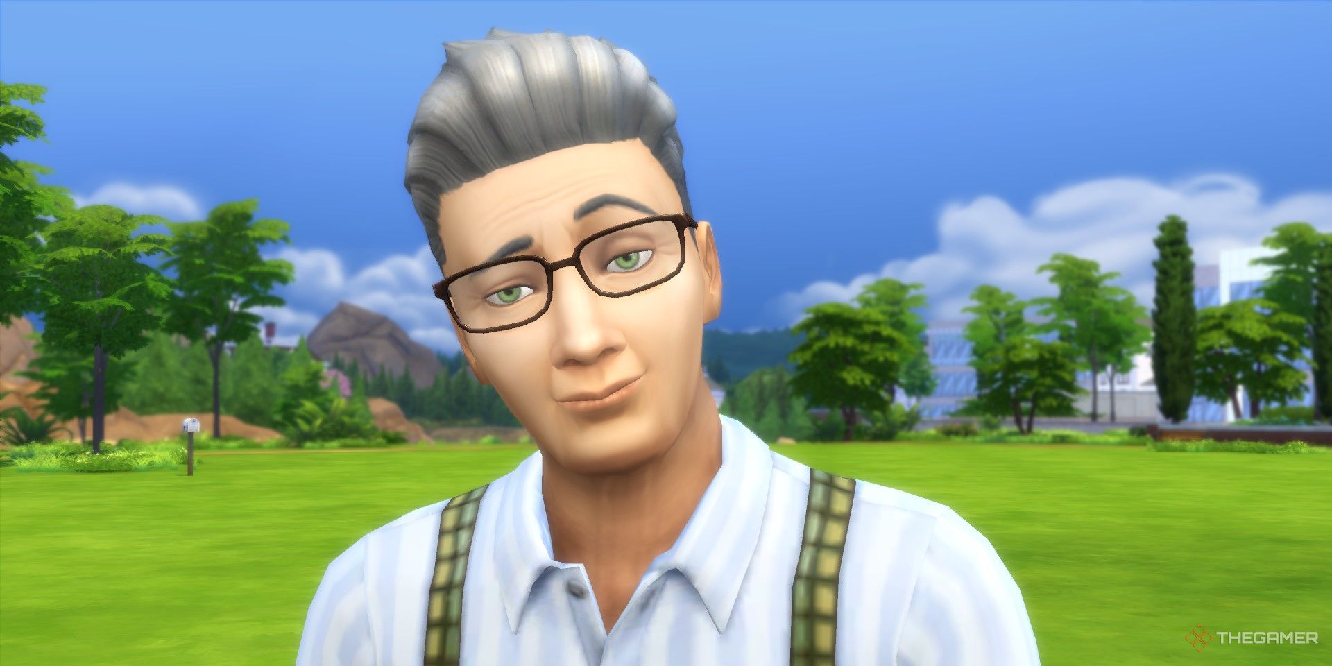Elderly male sim staring at camera.