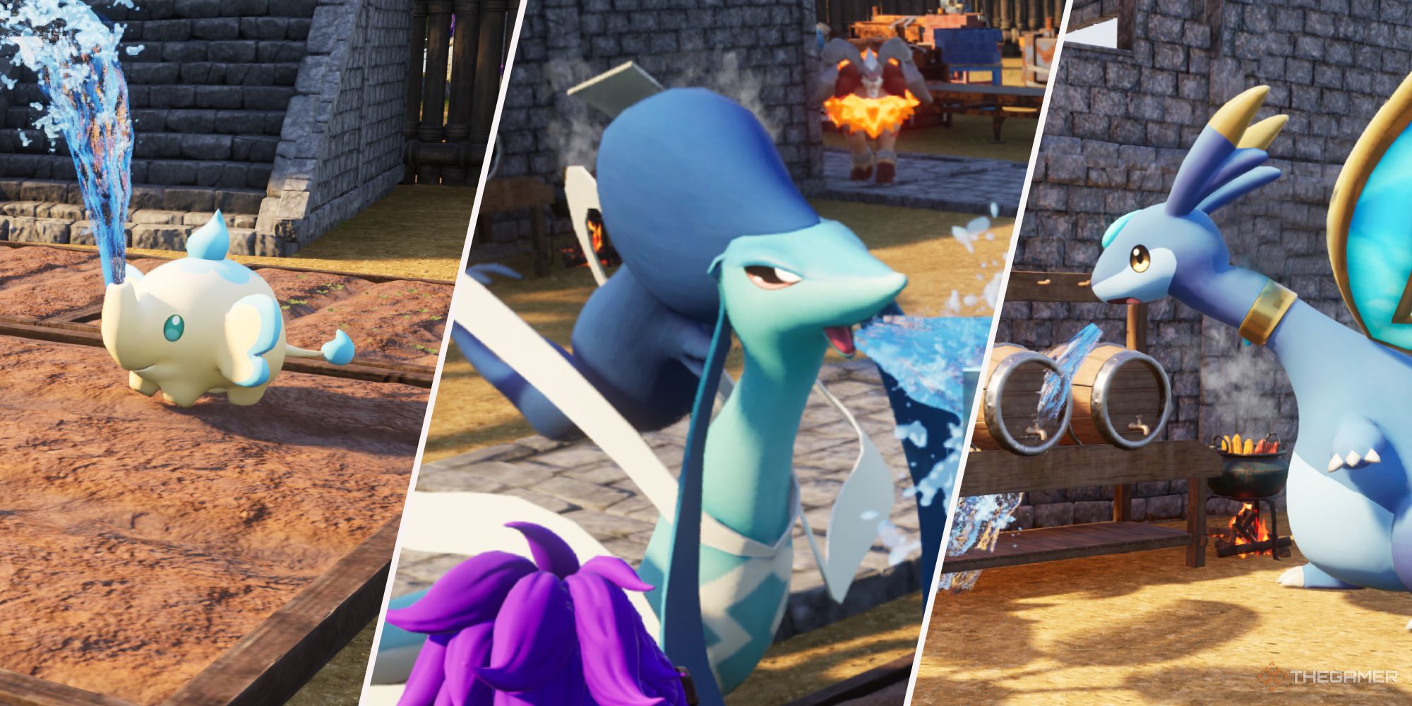 Three Pals using their Watering skill in Palworld: left: Teafant watering crops, middle: Azurobe watering crops, right: Elphridan Aqua watering the mill