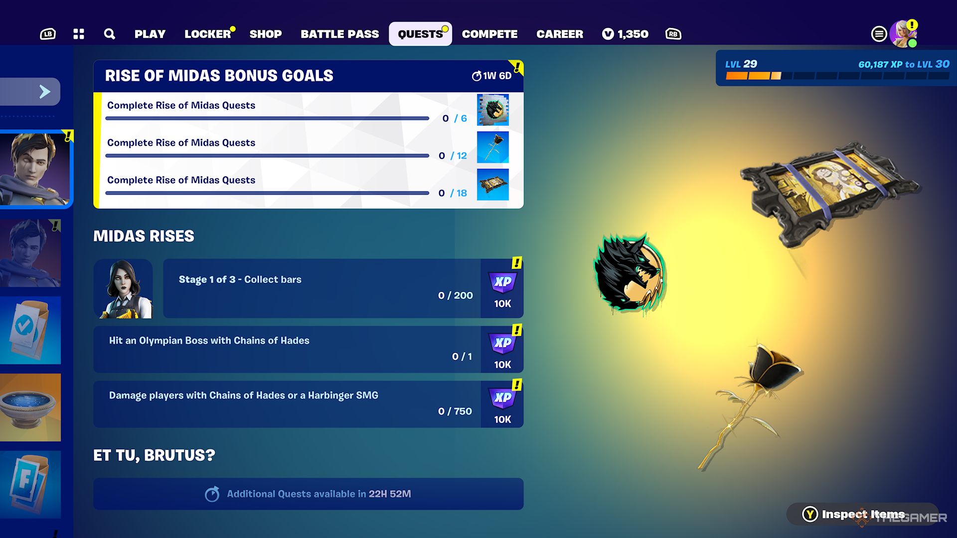 Screenshot of the Rise of Midas Quests in Fortnite Chapter 5 Season 2.