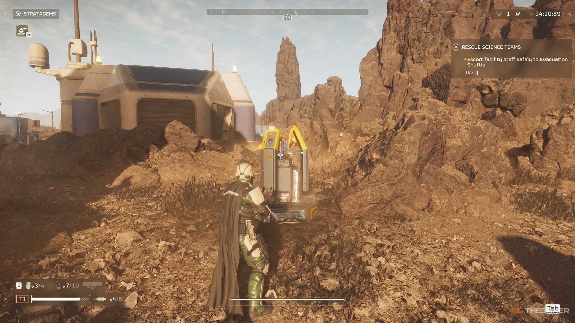 Player looking at a SOS Beacon in Helldivers 2. 
