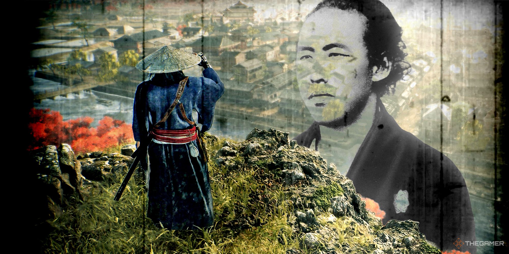 sakamoto ryoma depicted in-game in rise of the ronin, with his historical photograph in the background