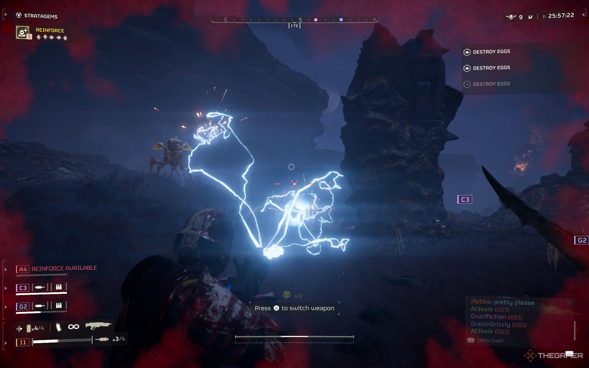 A player firing Blitzer on Hunters in Helldivers 2