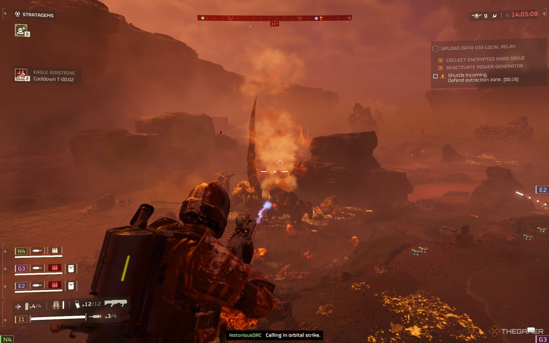 A player firing Plasma Punisher Shotgun on Charger in Helldivers 2