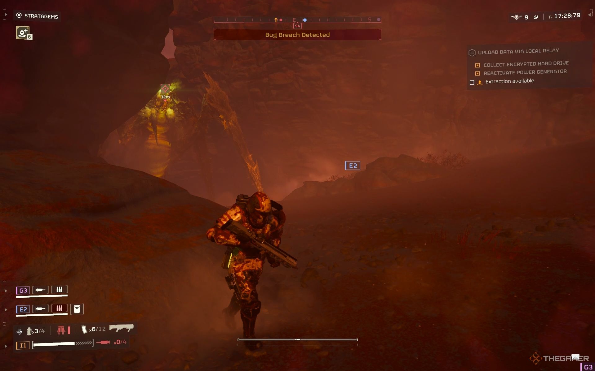 A player running away from Bile Titan with Plasma Punisher equipped in Helldivers 2