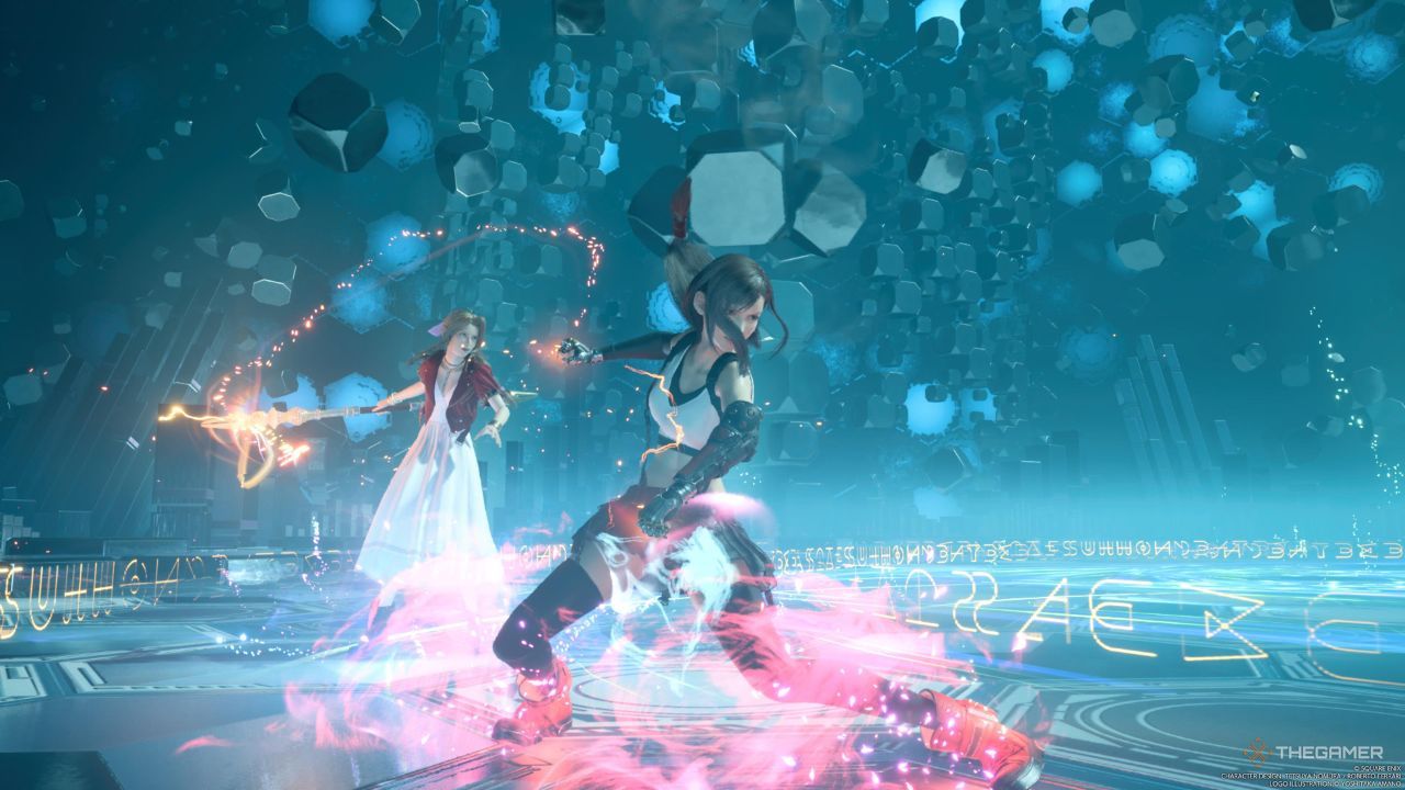 Aerith teaming up with Tifa to unleash their Divine Synergy Synergy Ability in Final Fantasy 7 Rebirth.