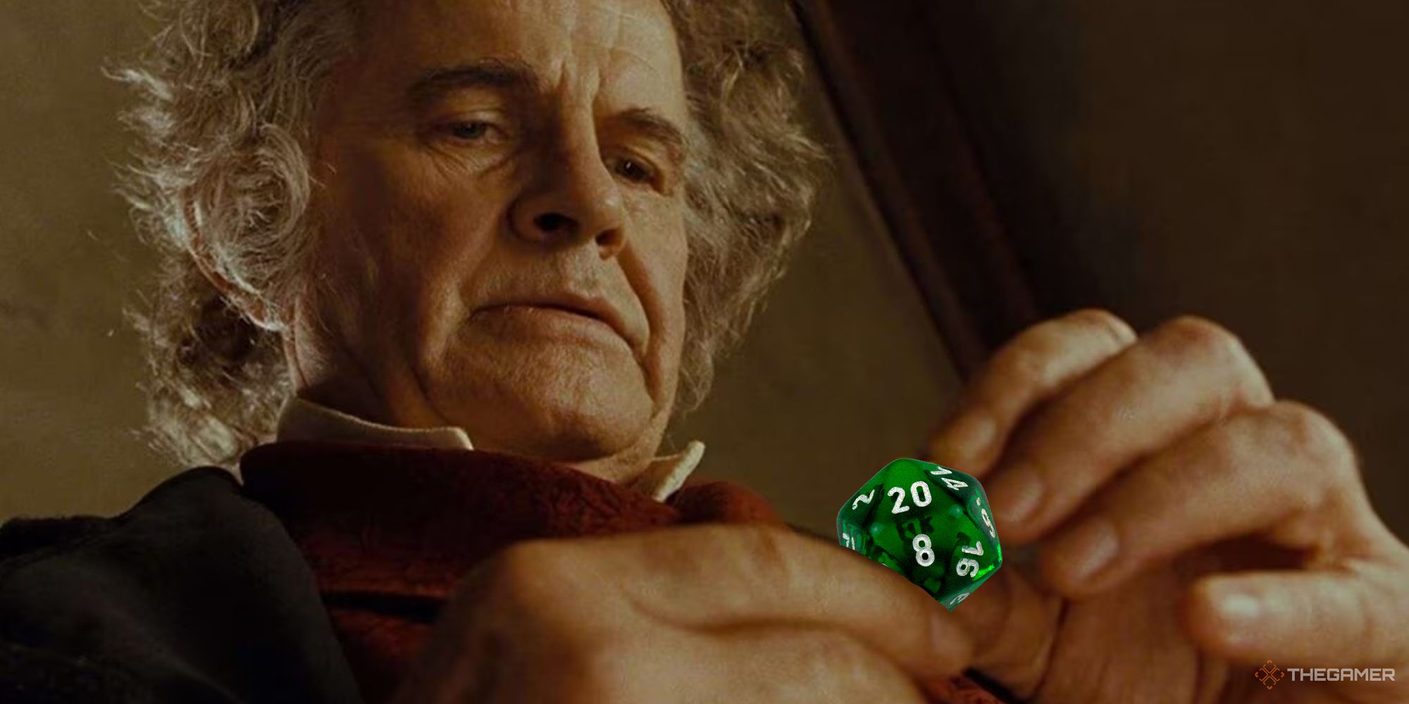 Bilbo Baggins from The Lord Of The Rings holding a green d20 instead of The One Ring