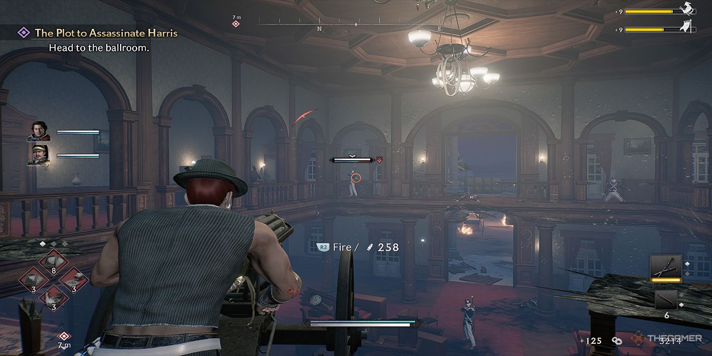 The protagonist aims a gatling gun at a US Soldier inside the US Consulate lobby in Rise Of The Ronin.