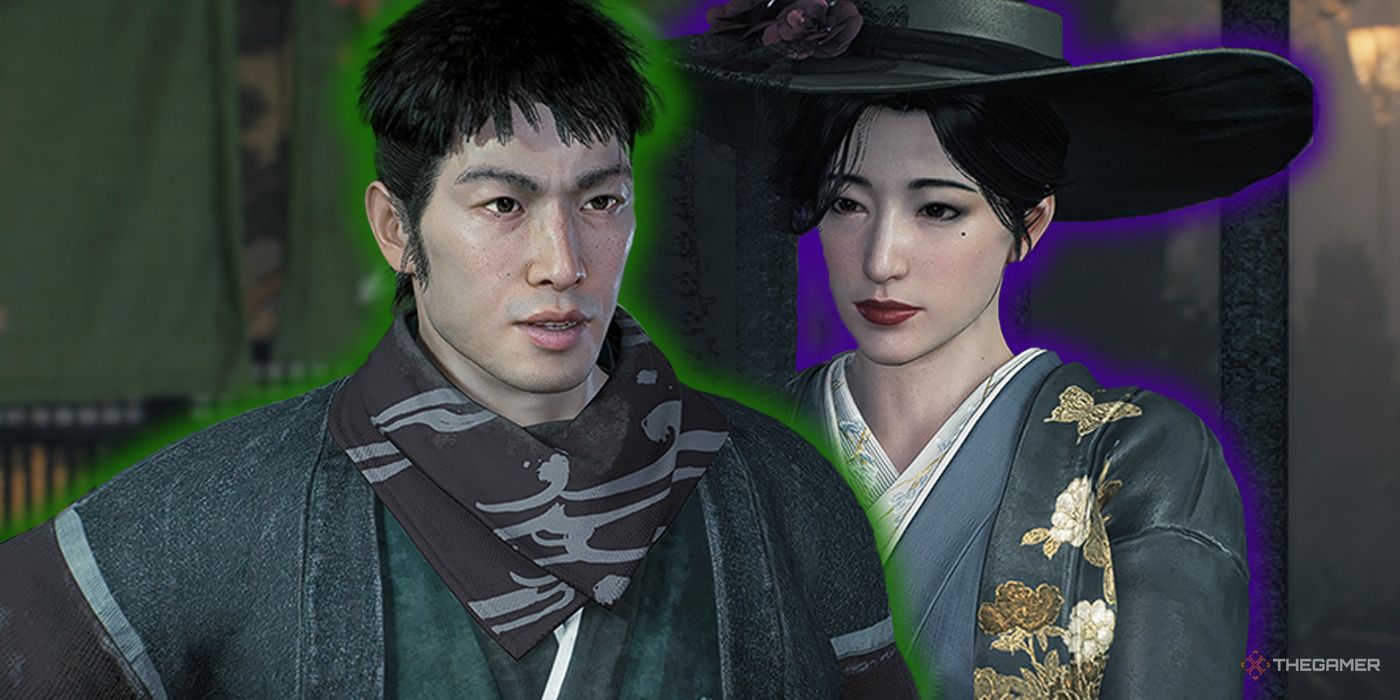 A portrait featuring Kogoro Katsura (glowing the green Anti-Shogunate aura) and Taka Murayama (glowing the purple Pro-Shogunate aura) from Rise Of The Ronin.