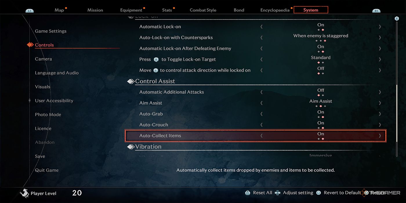 The Auto-Collect Items feature highlighted in Rise Of The Ronin's Controls menu.