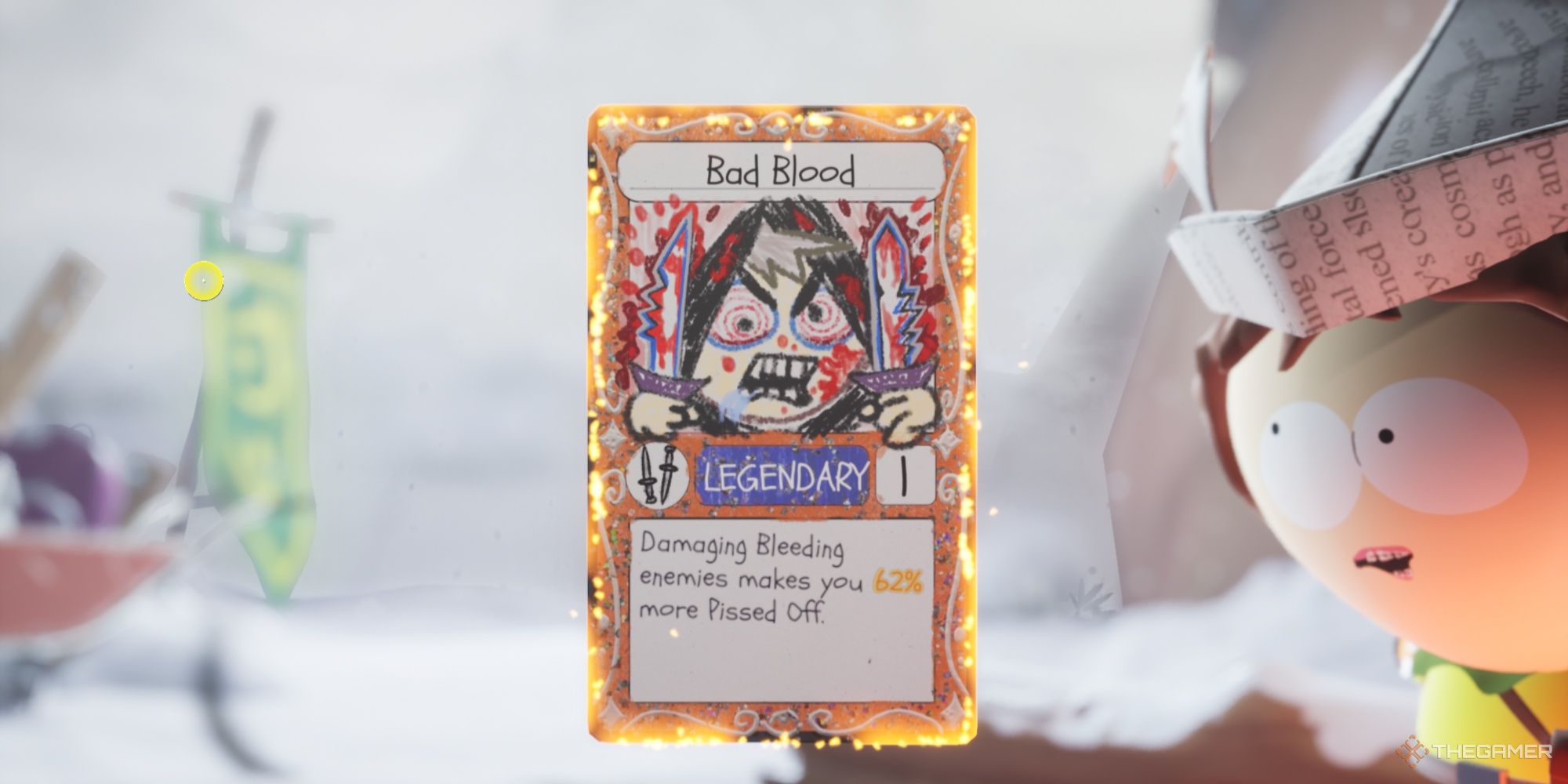 Close-up of Jimmy presenting players with the Bad Blood Upgrade Card.