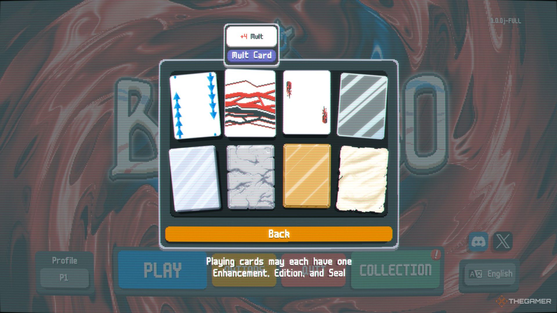 A screenshot from Balatro showing the Enhanced Cards Collection screen showing the 'Mult' card selected and offering an addition four multiplier.