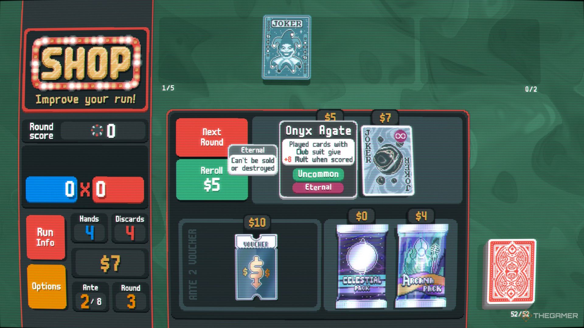 A screenshot from Balatro showing the Shop screen with the player character hovering over the Onyx Agate Joker with a description that reads 'Played cards with a Club Suit give +8 mult when scored."