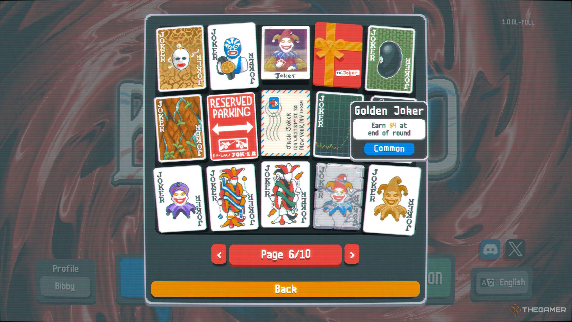 A screenshot from Balatro showing the Joker Collection screen with the Golden Joker selected and the description reading 'Earn four dollars at the end of the round." 