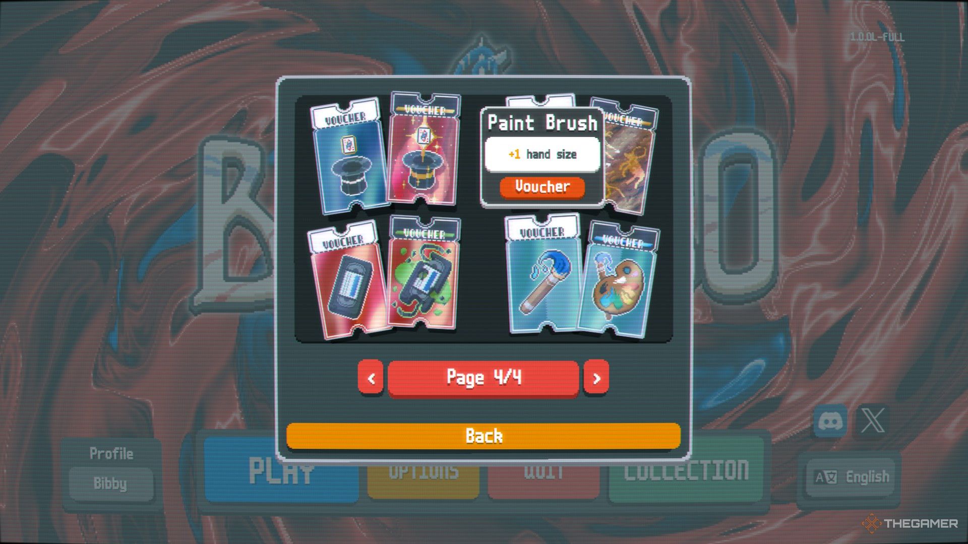 A screenshot from Balatro showing the Voucher Collection screen, with the 'Paint Brush' Voucher selected alongside a description that says "+1 hand size"