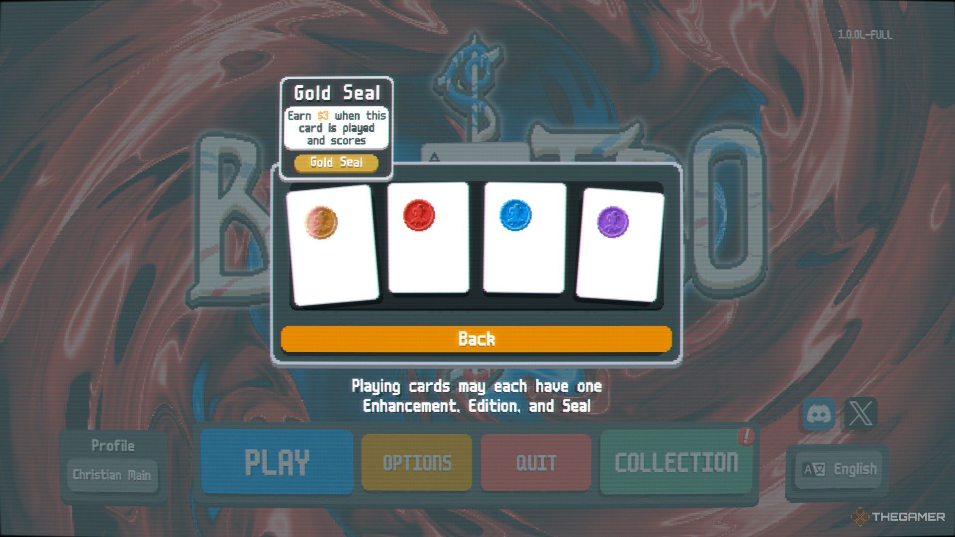 A screenshot from Balatro showing the Seals page in the Collection menu, with the 'Gold Seal' hovered over, offering the player 3 dollars when the card is played and scores.