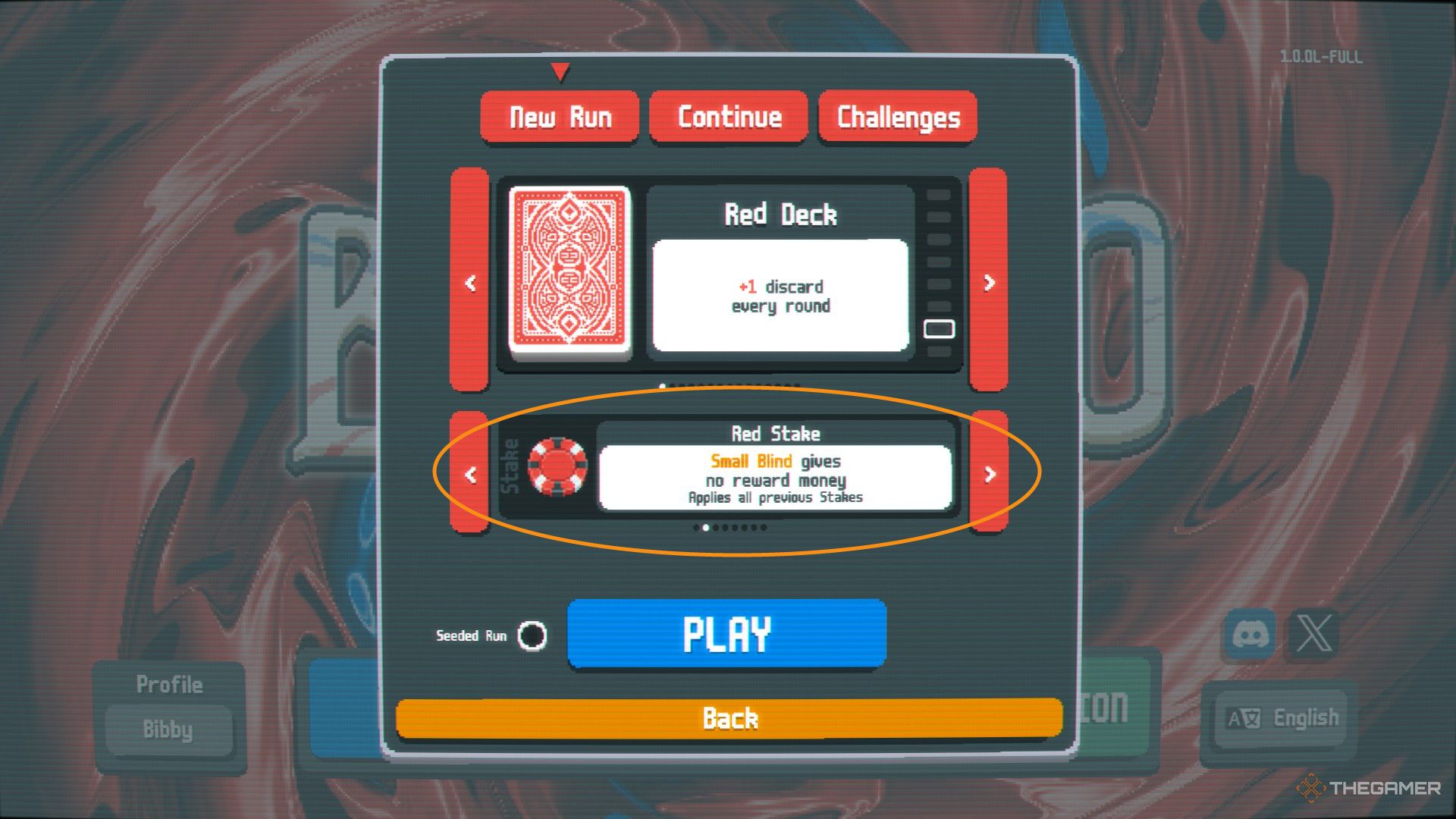 A screenshot from Balatro showing the New Run selection screen with an orange circle around the Stake difficulty selection screen.