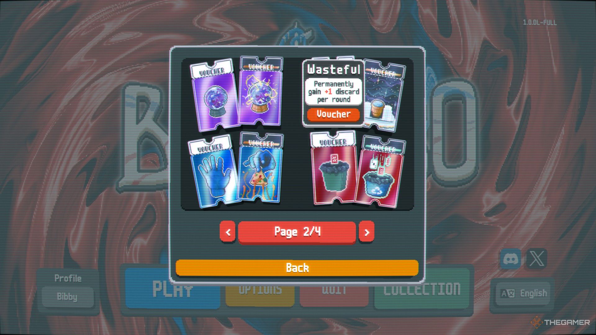 A screenshot from Balatro showing the Voucher Collection screen with the 'Wasteful' voucher selected and a description reading 'Permanently gain 1 discard per round'