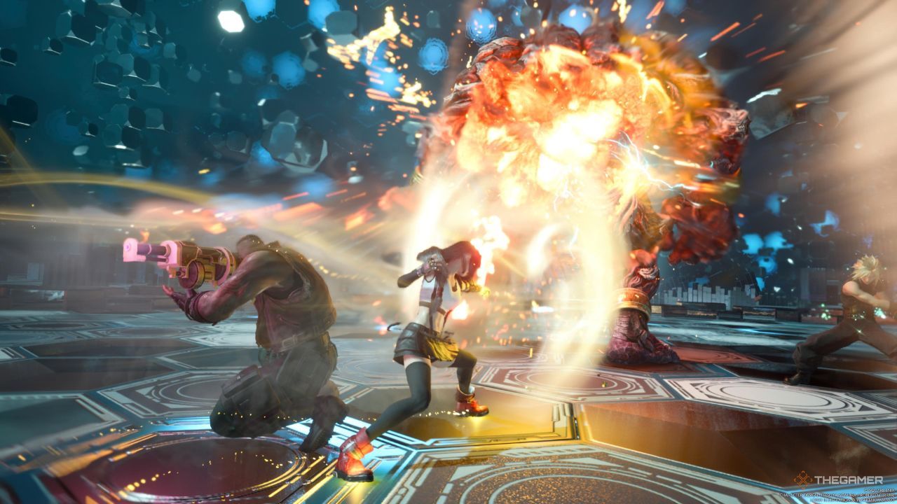 Barret teaming up with Tifa to unleash their Avalanche Two Step Synergy Ability against Titan in Final Fantasy 7 Rebirth.