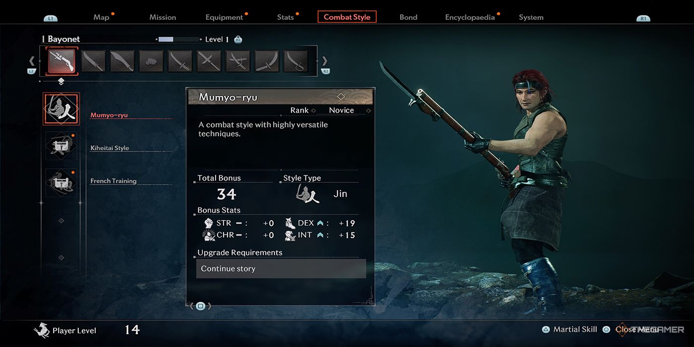 The protagonist wields a Bayonet in Rise Of The Ronin's Combat Style menu.