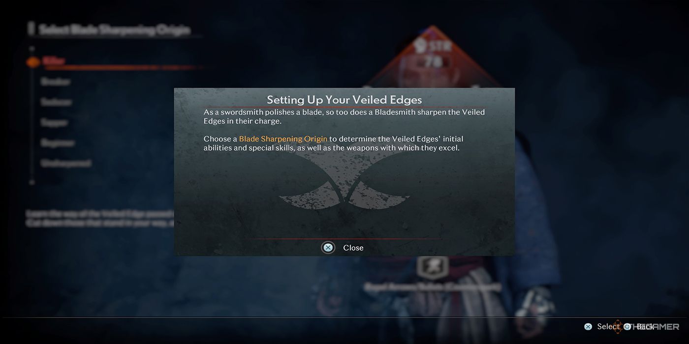The Blade Sharpening Origin tutorial card from the character creation process in Rise Of The Ronin.