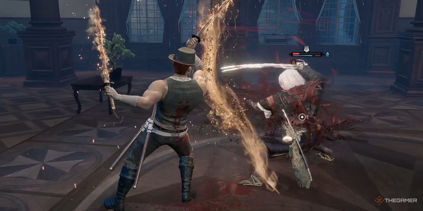 The protagonist attacks his Blade Twin with flaming paired swords during a battle in the US Consulate Ballroom in Rise Of The Ronin.