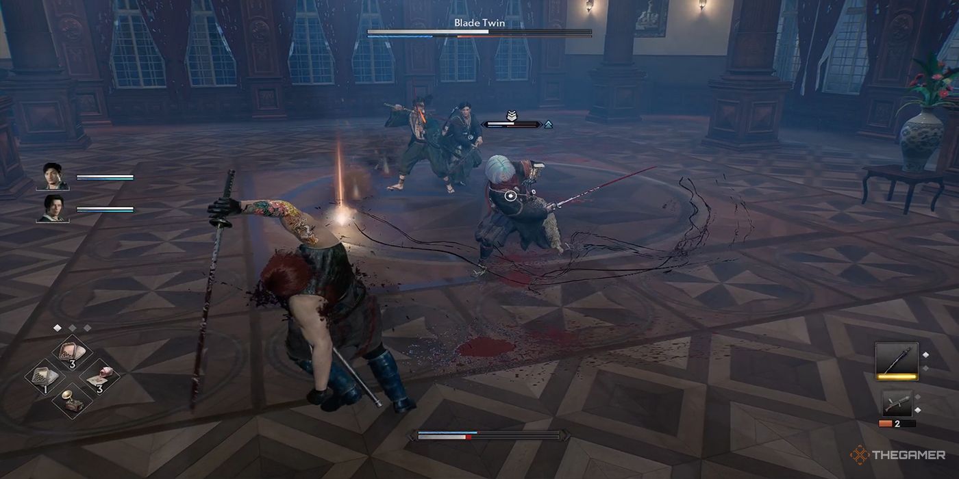 A Gatling gun bullet grazes the protagonist during a battle against his Blade Twin inside the US Consulate ballroom in Rise Of The Ronin.