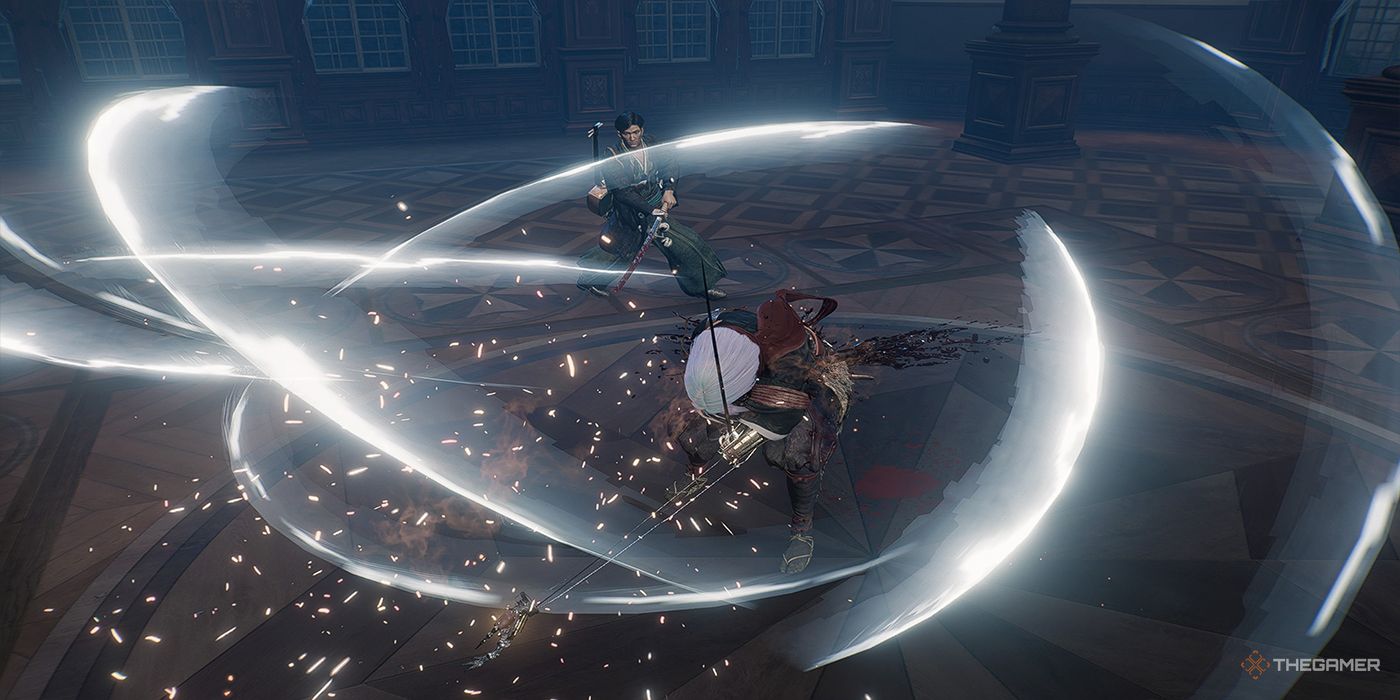 The Blade Twin spins their Demon Claw around them, putting Satsuka in danger, during a battle inside the US Consulate Ballroom in Rise Of The Ronin.