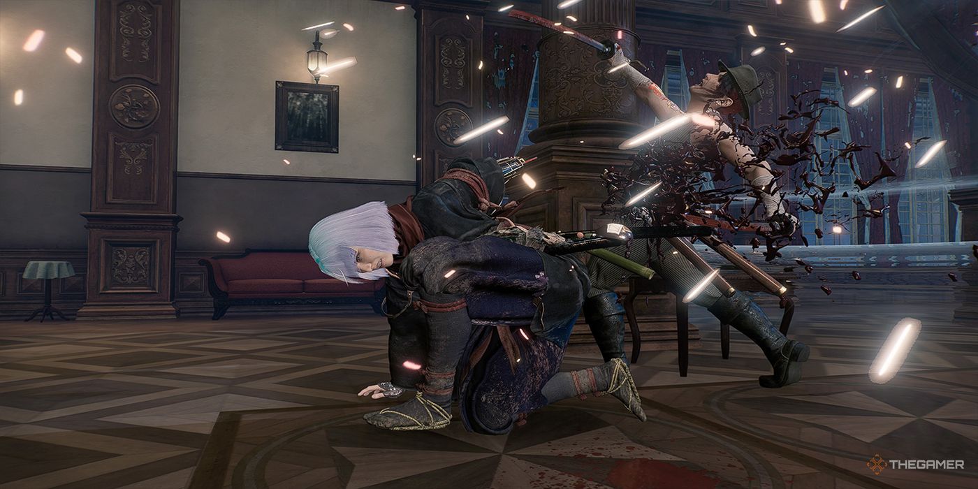 The protagonist's Blade Twin strikes him down with her katana during a heated battle in the US Consulate Ballroom in Rise Of The Ronin.