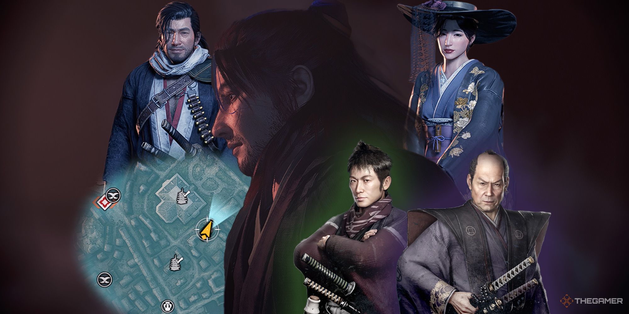 The protagonist stands in the center of maps and characters representing the various bonds you can make in Rise Of The Ronin.