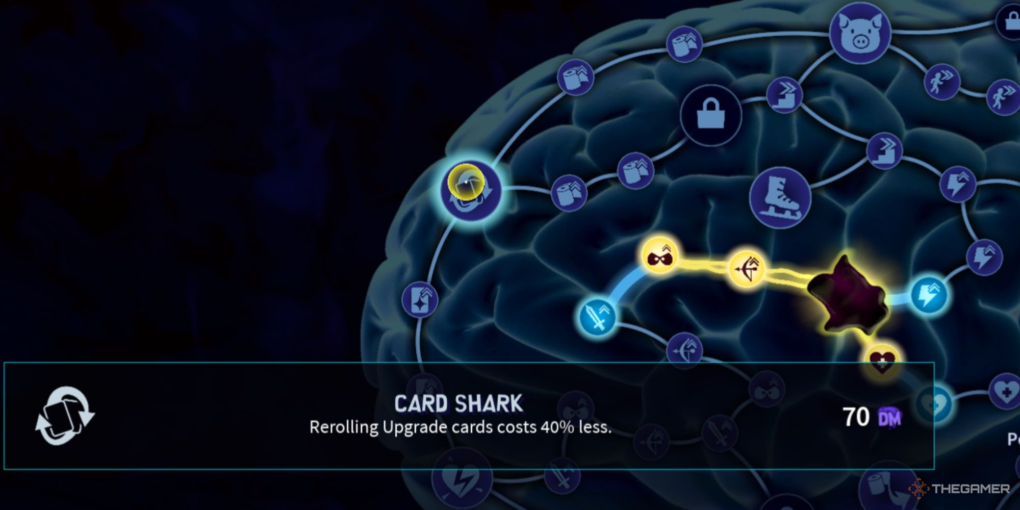 Close-up of the Brain nodes for Dark Matter perks, with the Card Shark Perk selected.