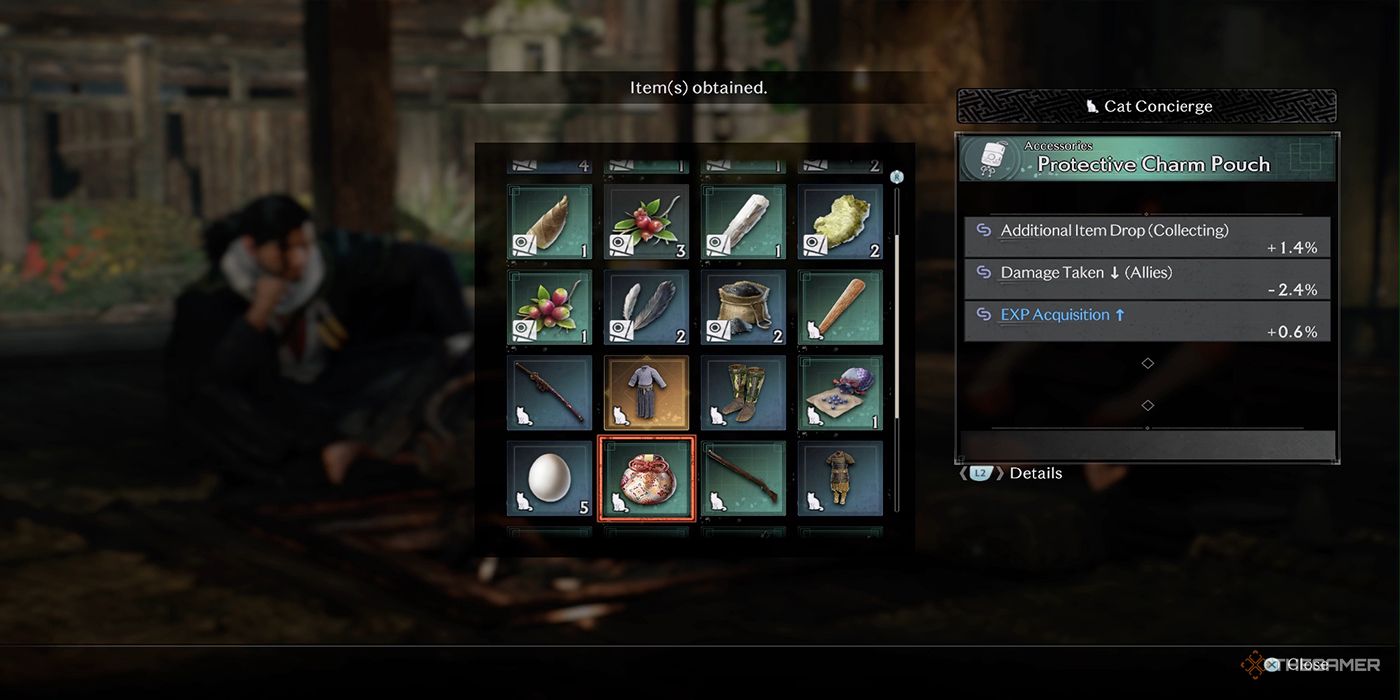 An info card diaplys of all the rewards your Cat Concierge service earned while you were away upon returning to your longhouse in Rise Of The Ronin.