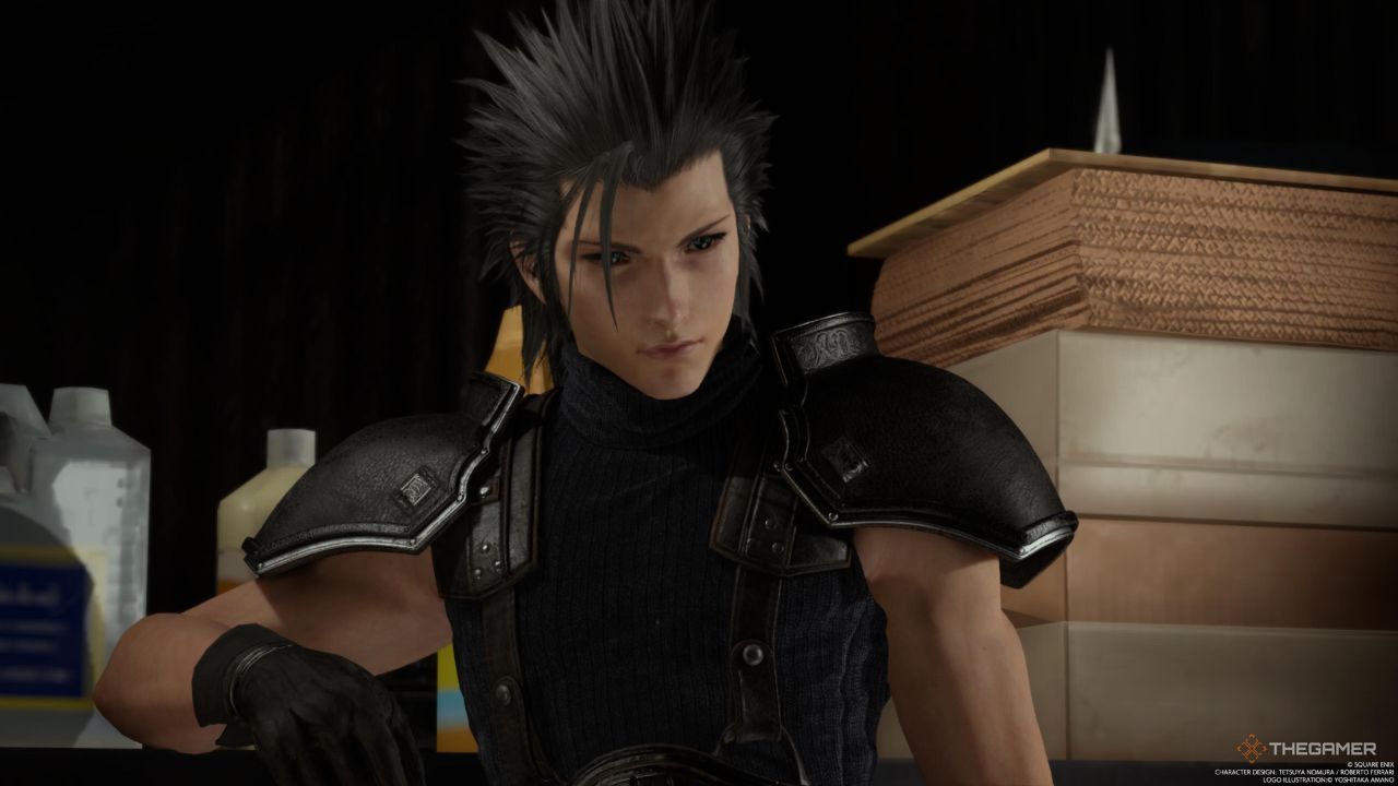 Zack leaning against a shelf while listening to a friend in Final Fantasy 7 Rebirth.