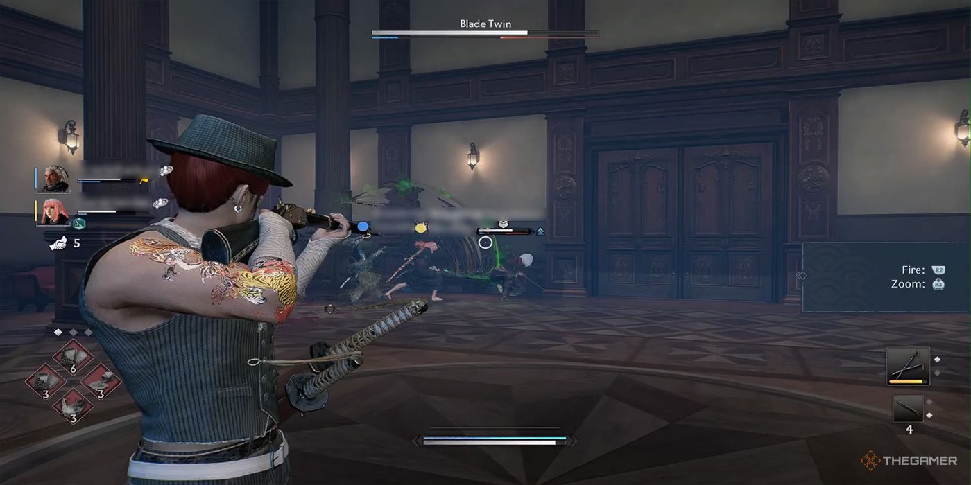 One player supports his teammates with a rifle while they attack the Blade Twin head-on inside the US Consulate Ballroom during a cooperative mission in Rise Of The Ronin.