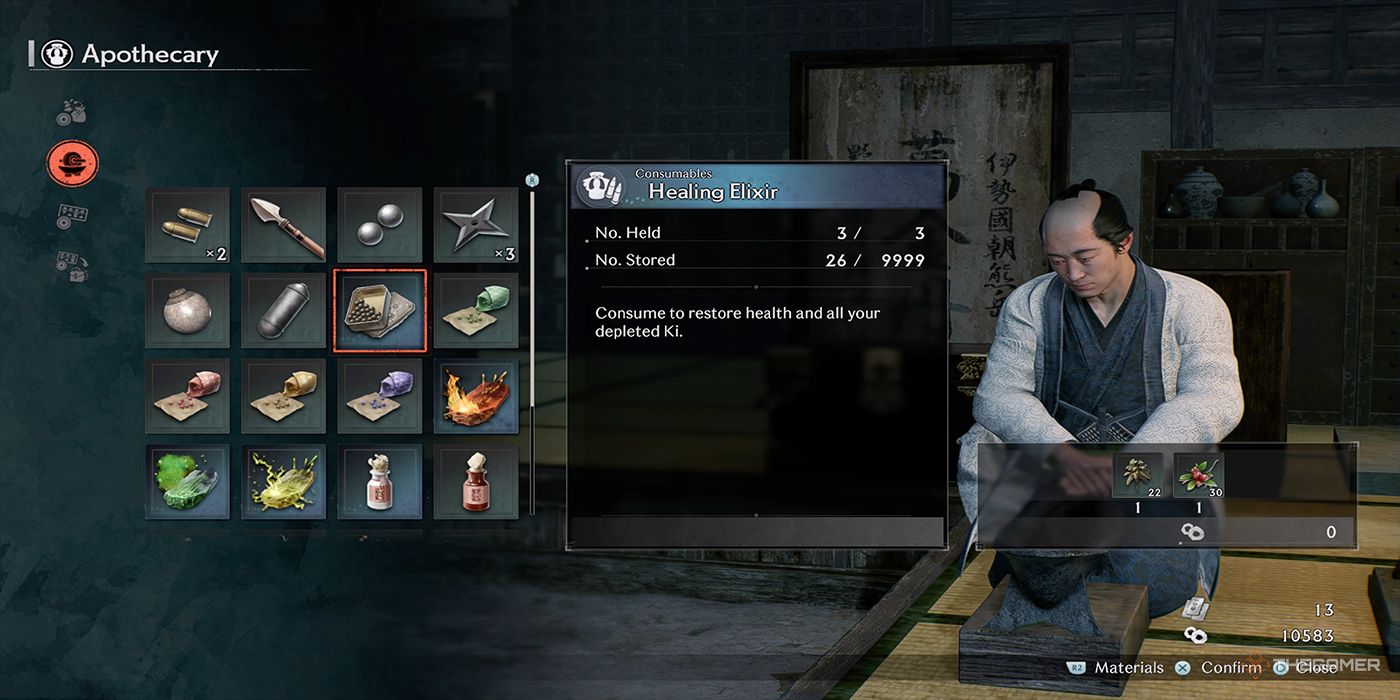 The Apothecary Crafting menu from Rise Of The Ronin.