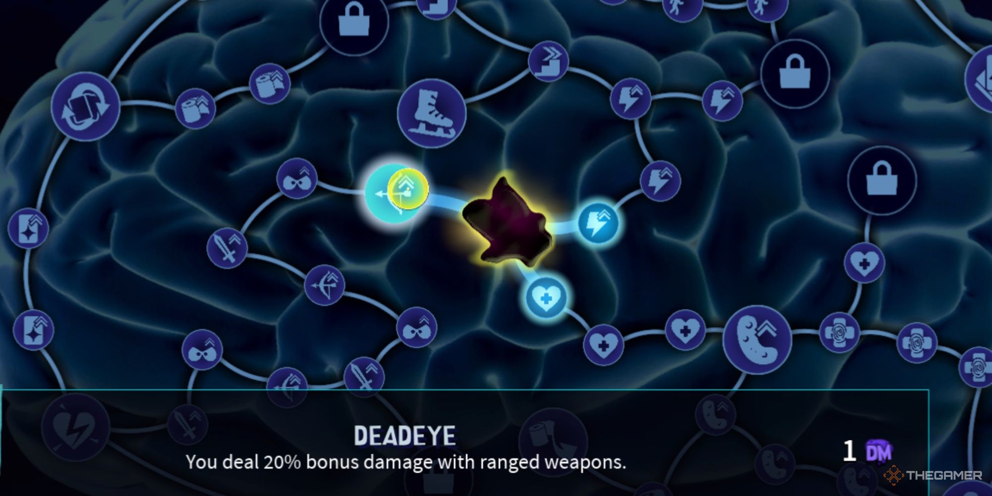 Close-up of the Brain nodes for Dark Matter perks, with Deadeye selected.