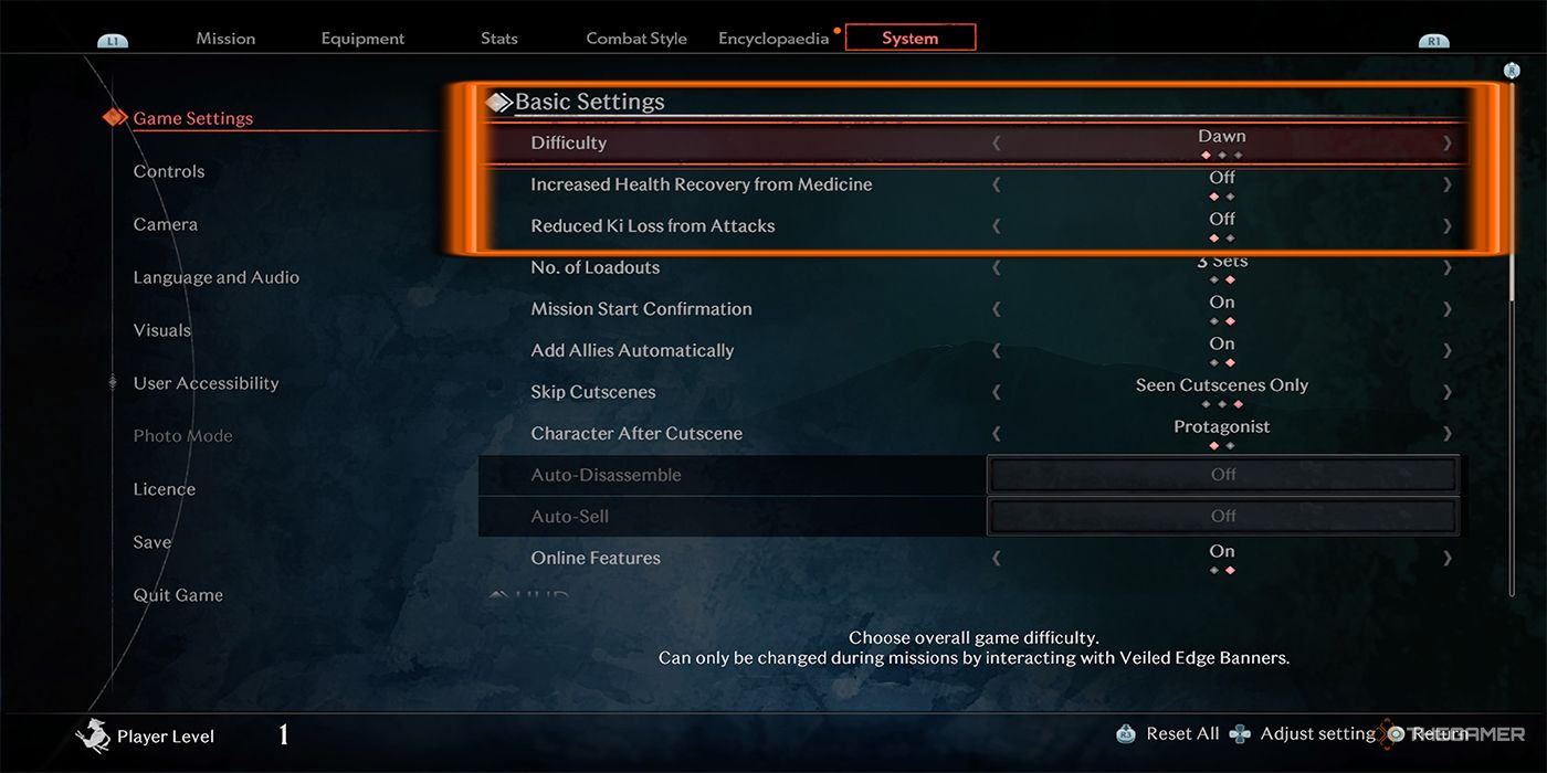 An orange box marks the extra difficulty available to beginners in Rise Of The Ronin.