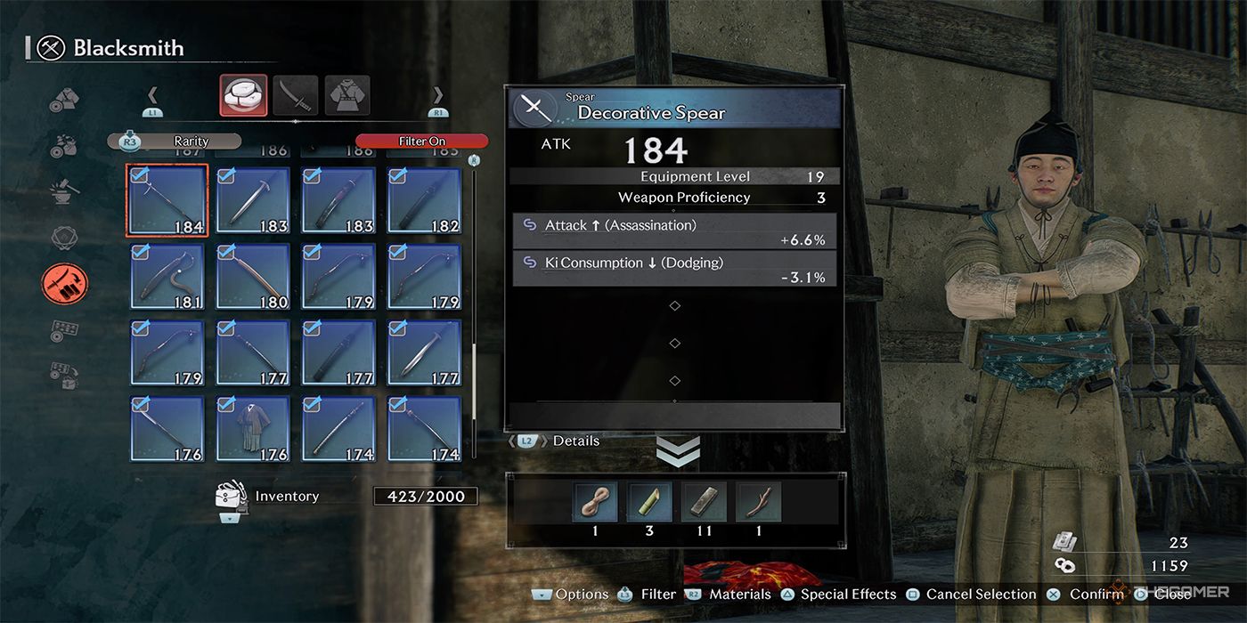 A view of what materials you'll gain from disassembling a handful of weapons while visiting the Blacksmith in Rise Of The Ronin.