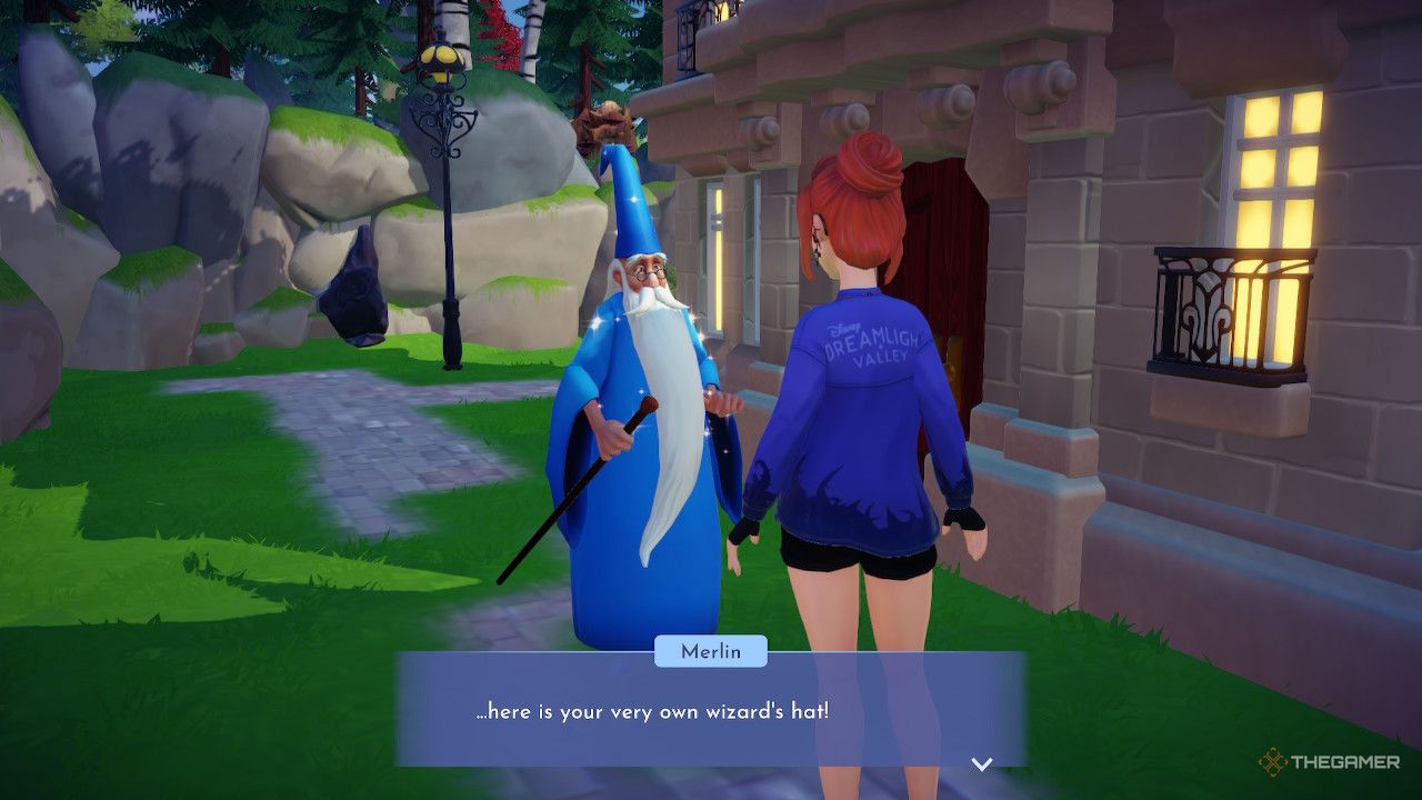 Disney Dreamlight Valley Merlin giving the avatar a wizard hat