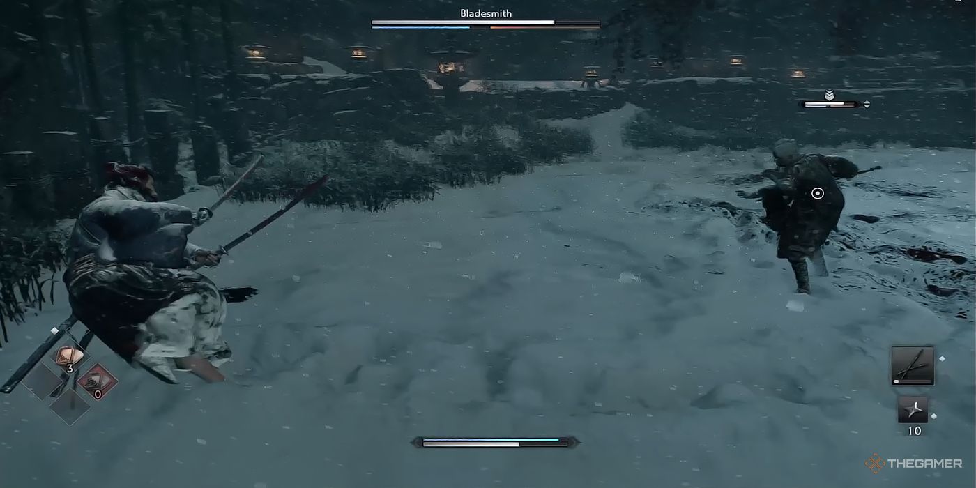 The protagonist dodges away from the Bladesmith during the snowy night of the Kurosu clan siege in Rise Of The Ronin.